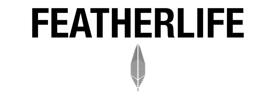 featherlife feather logo in black and white on a white background